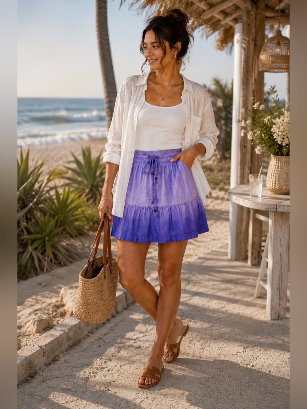 Gap Purple Ombre Cotton Tiered Skirt‎ Medium Boho Drawstring Waist Lined Midi